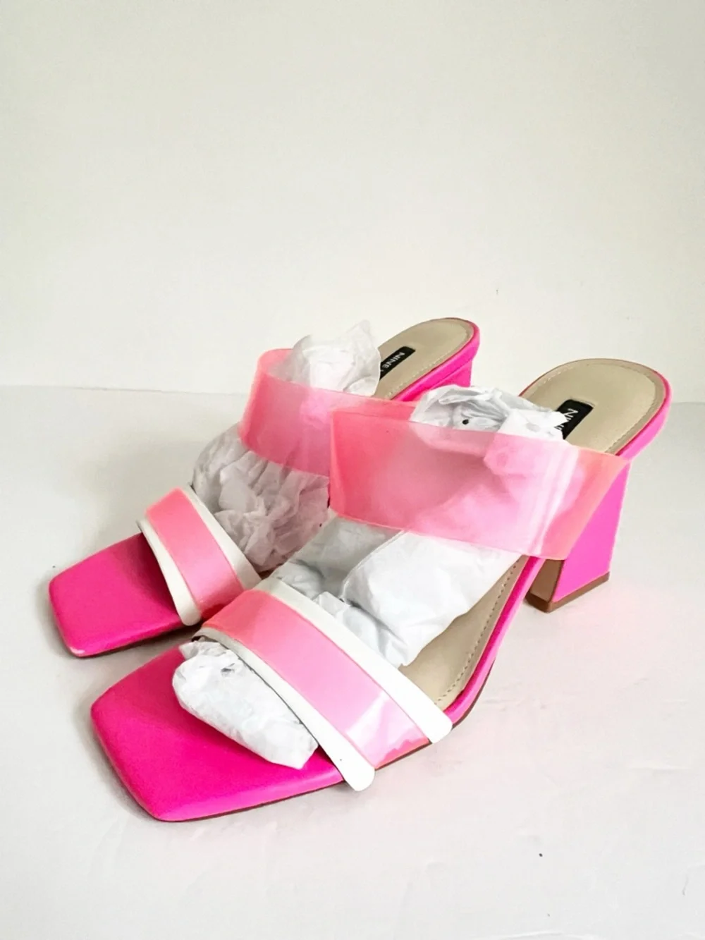 SZ 11 Nine Clear Pink Two-Tone Strap Block Heel Slide Sandals Mules